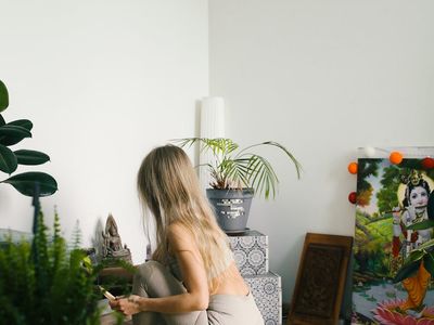 Macro shot of a plant in a serene yoga space.